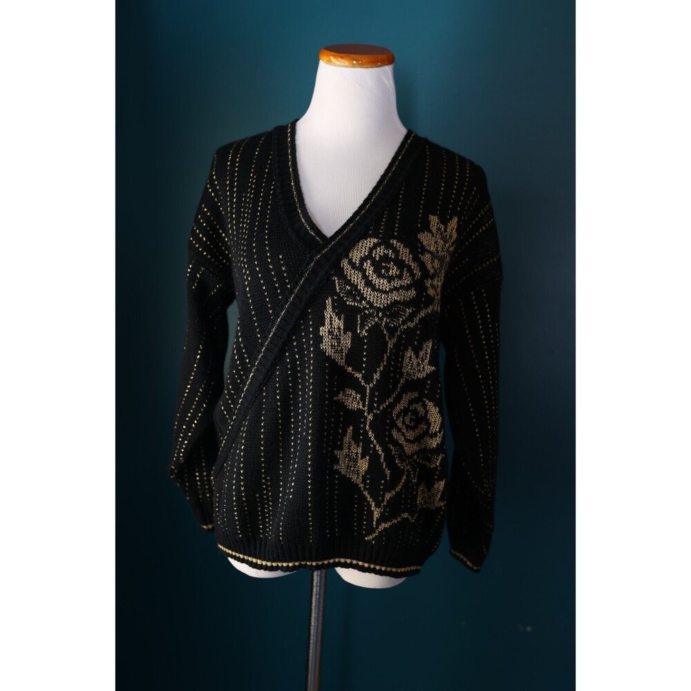 Vintage 80's 90s Ellen D Black Glitter Gold Art Deco Floral Rose Wrap Sweater